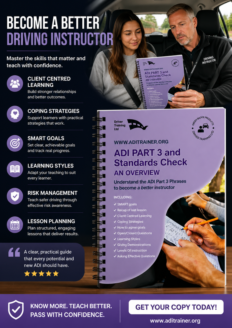 Load image into Gallery viewer, The purple book breaks down the phrases and teaching techniques that the DVSA expect you to use, such as client centred learning, coping strategies and smart goals

