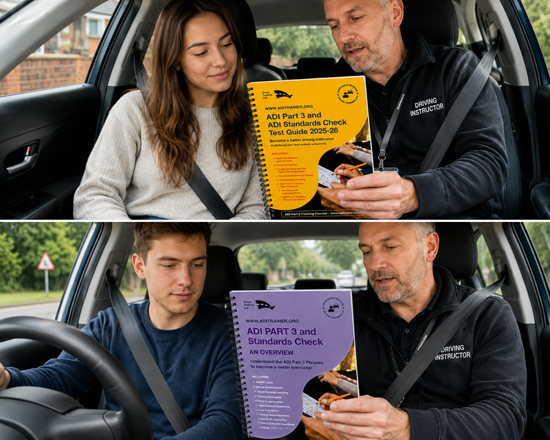 Load image into Gallery viewer, Two scenes of a driving instructor and student with test guides in a car.
