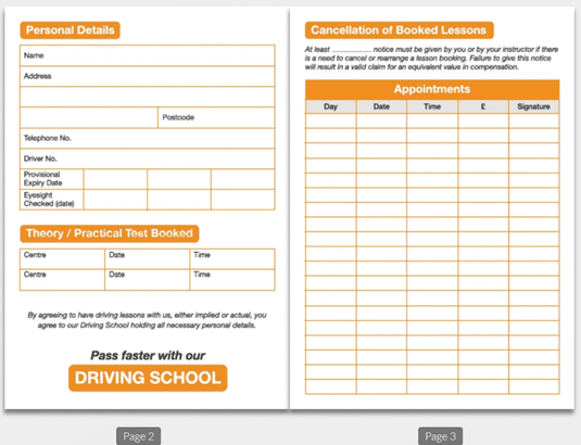 Driving Lessons Progress book for Driving Schools Driving Lessons